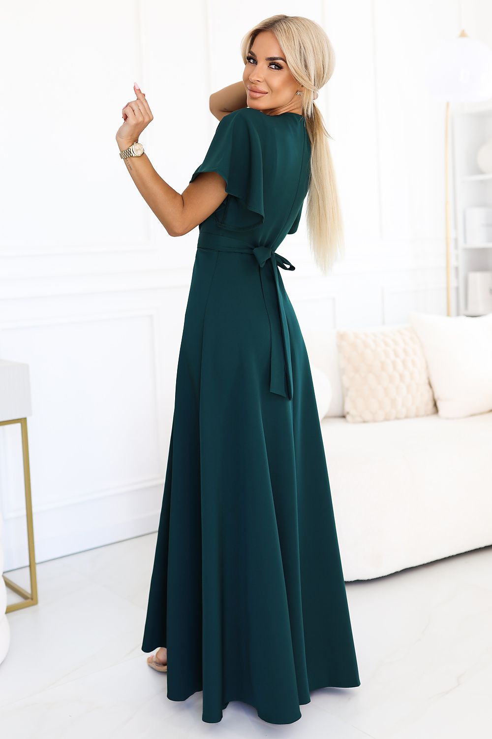 Maxikleid Damen Brokat Wickelausschnitt Beinschlitz