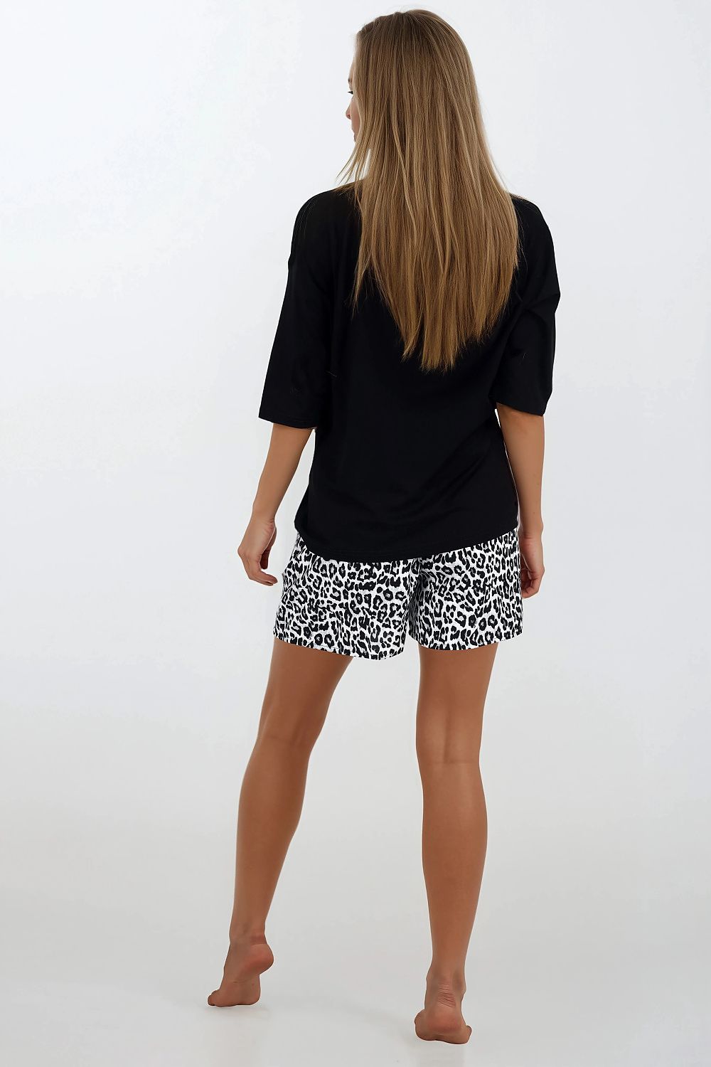 Pyjama Damen schwarz – Viskose 3/4-Arm Shirt & gemusterte Shorts