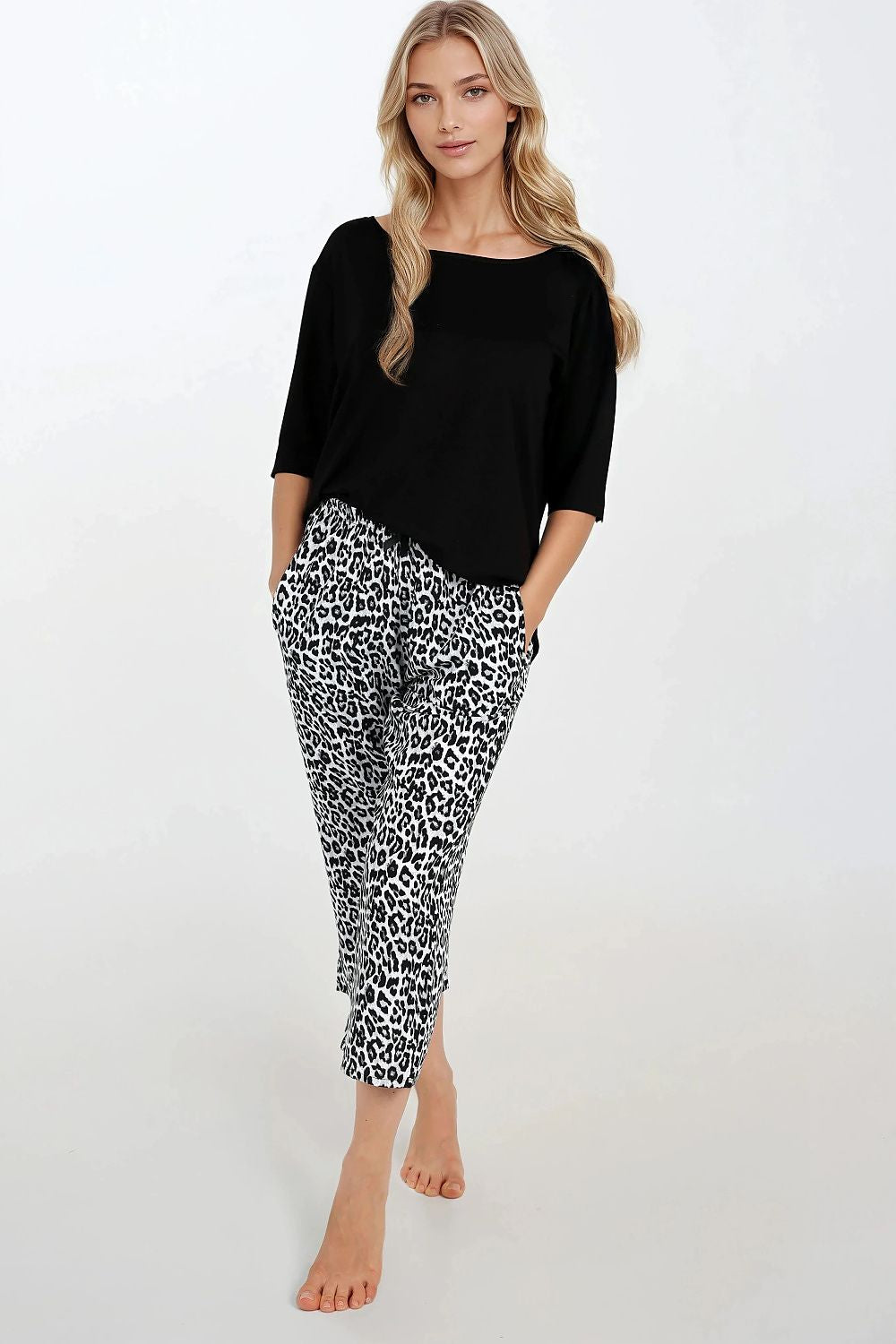 Pyjama Damen schwarz – Viskose 3/4-Arm Rüsche & Oversize Hose