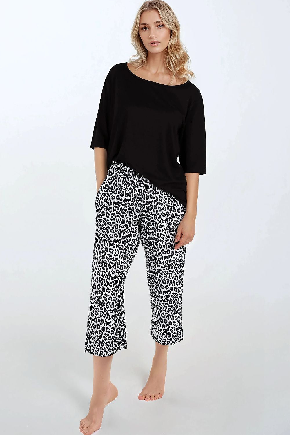 Pyjama Damen schwarz – Viskose 3/4-Arm Rüsche & Oversize Hose