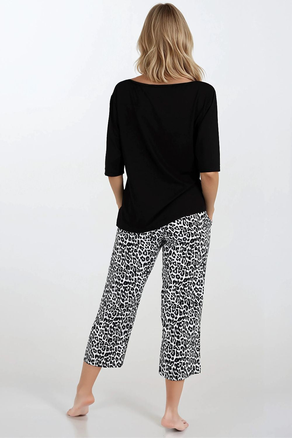 Pyjama Damen schwarz – Viskose 3/4-Arm Rüsche & Oversize Hose