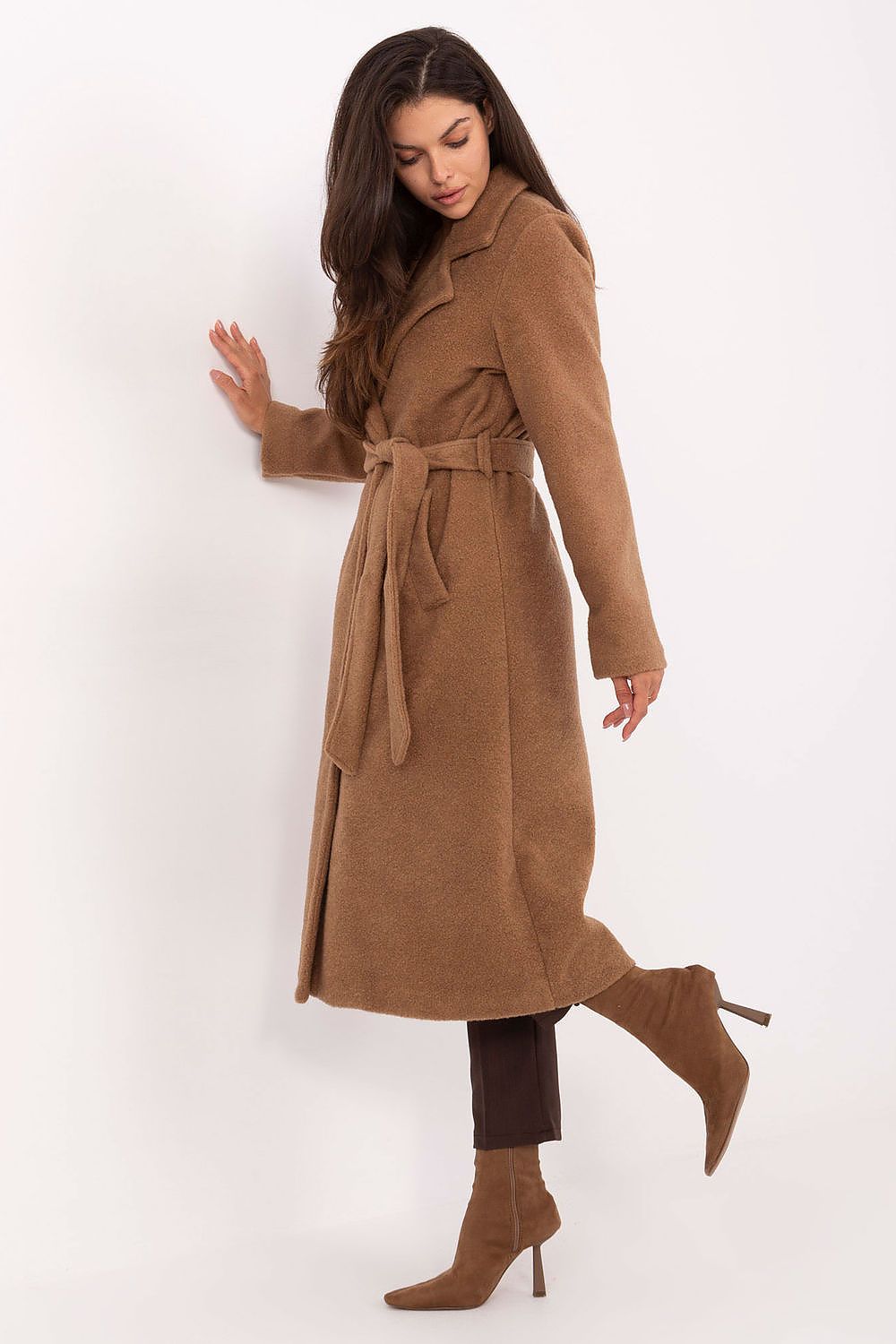 Mantel Damen Bouclé lang Taillengürtel Universalgröße – Herbst & Winter
