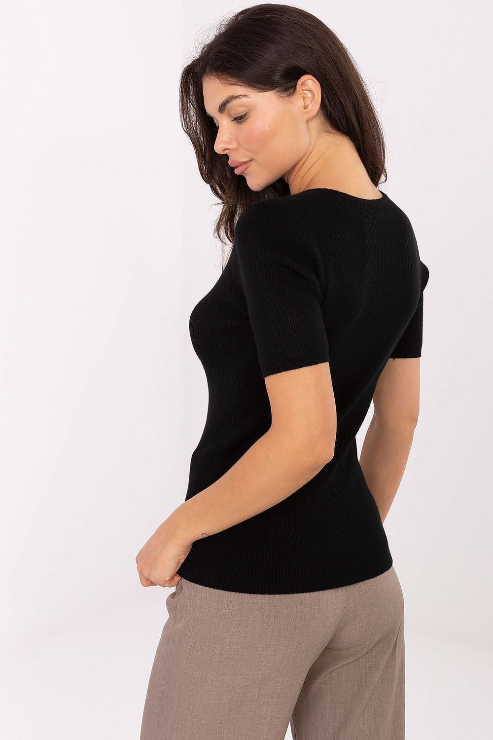 Kurzarm Pullover Damen – Geripptes Material & V-Ausschnitt