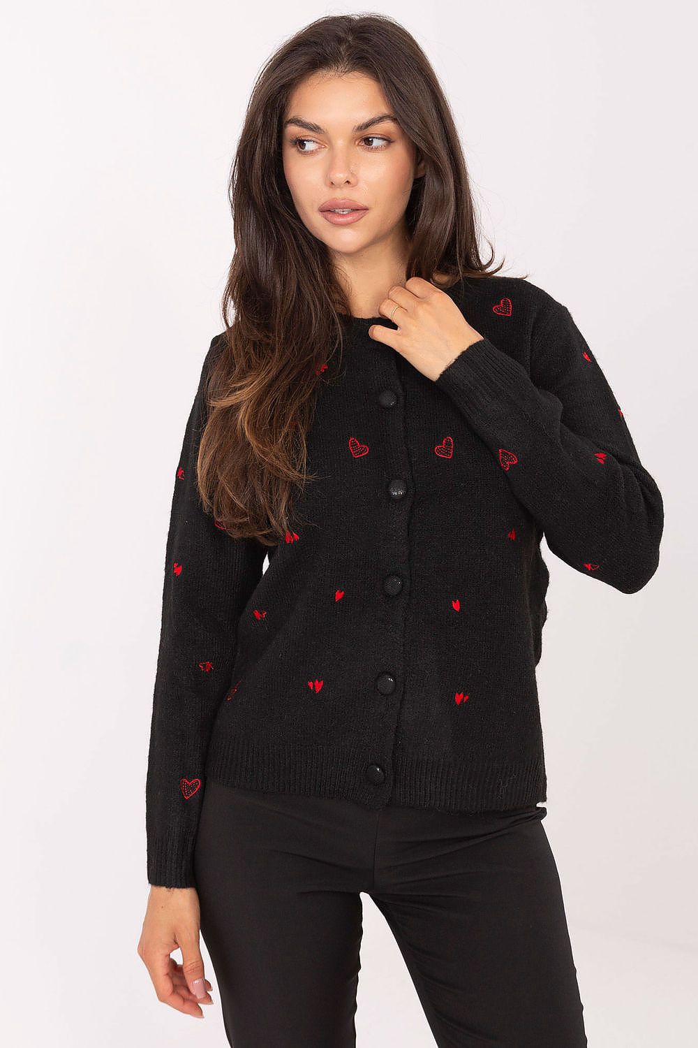 Cardigan Damen Herz-Stickerei Knopfleiste Wolle-Mix – Universalgröße