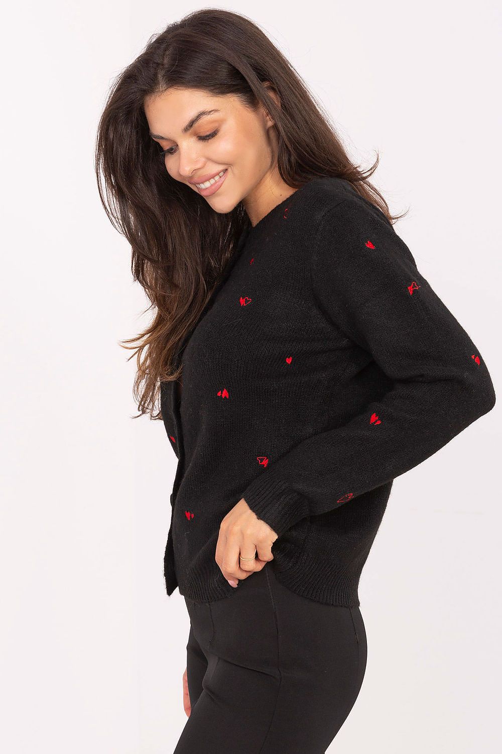 Cardigan Damen Herz-Stickerei Knopfleiste Wolle-Mix – Universalgröße