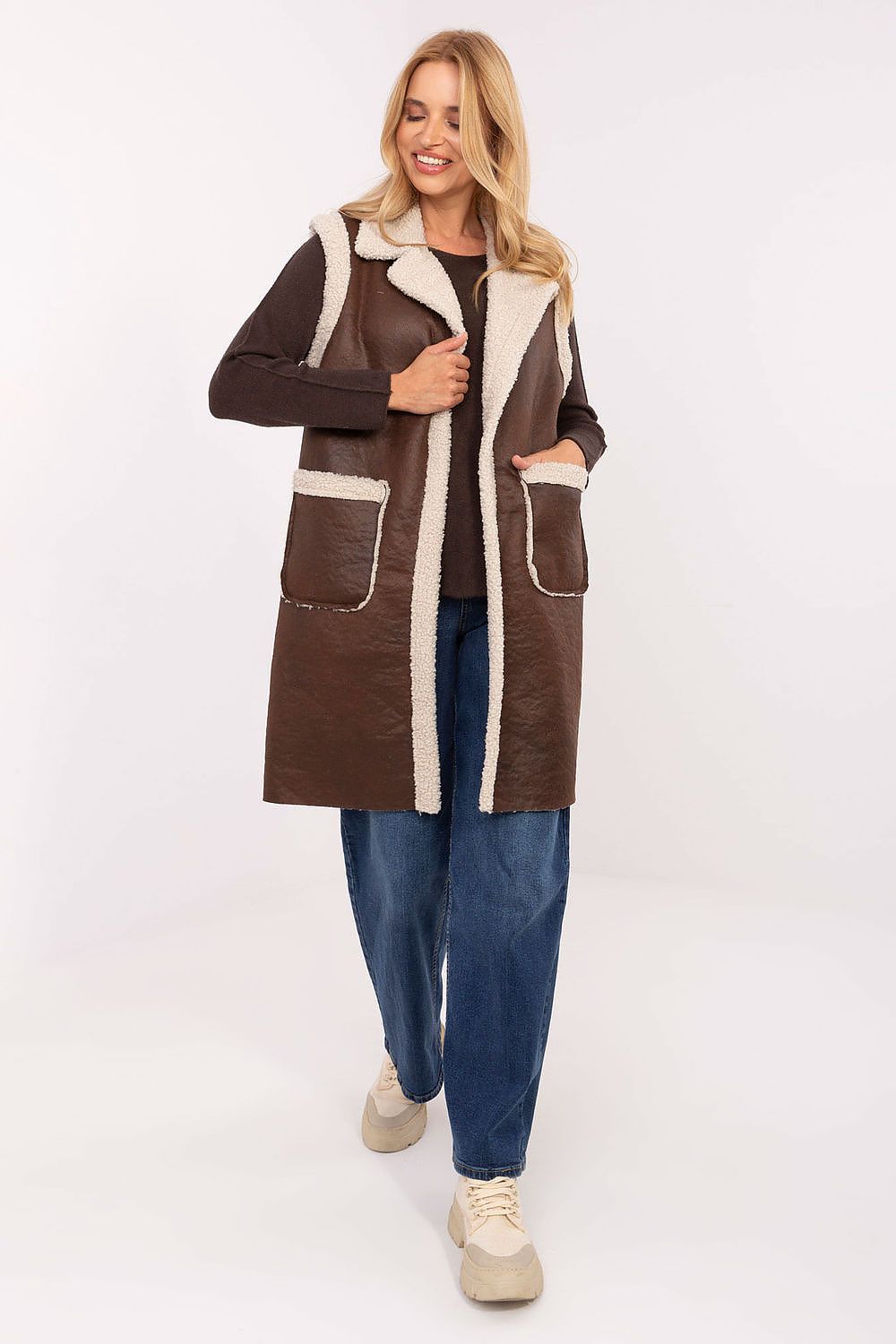 Weste Damen lang Pelzbesatz Polyester Universalgröße – Herbst & Winter