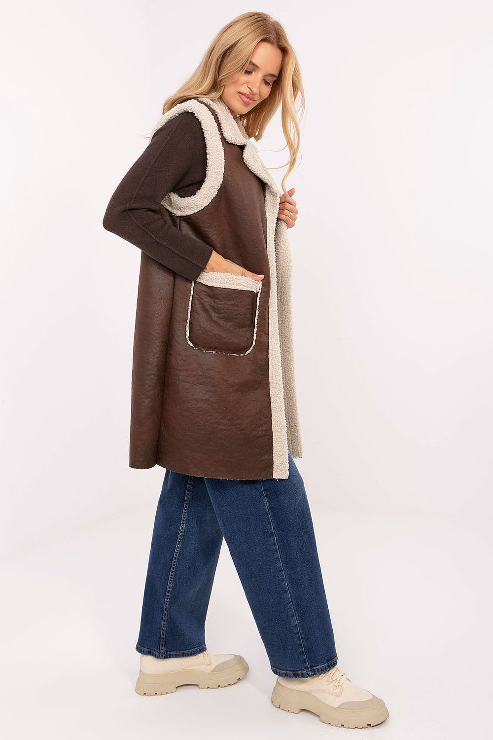 Weste Damen lang Pelzbesatz Polyester Universalgröße – Herbst & Winter