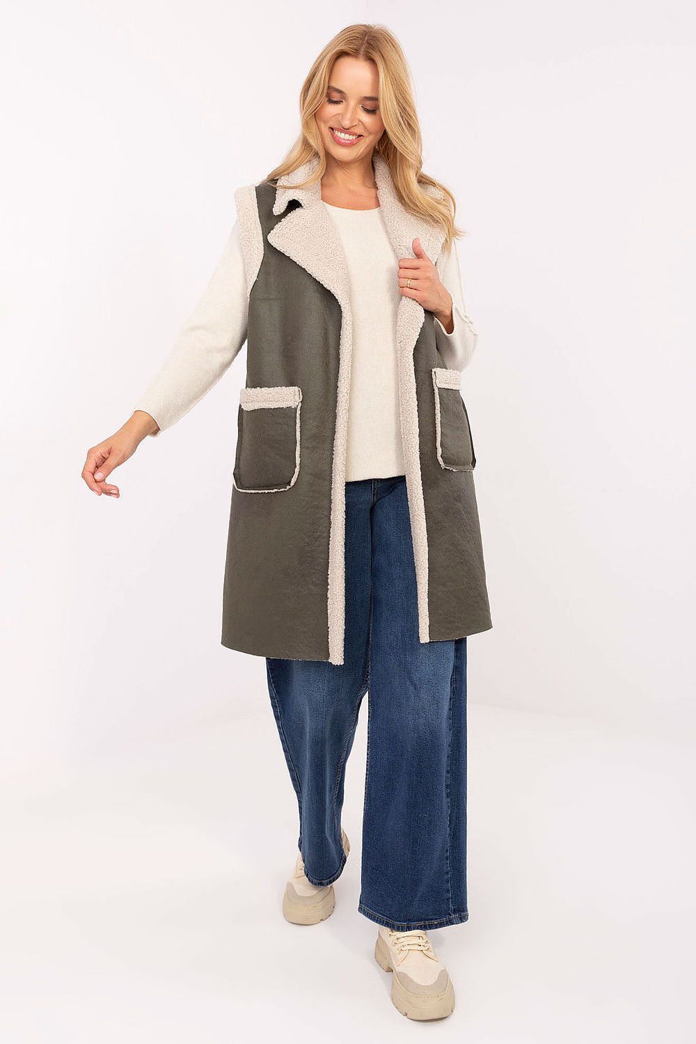 Weste Damen lang Pelzbesatz Polyester Universalgröße – Herbst & Winter