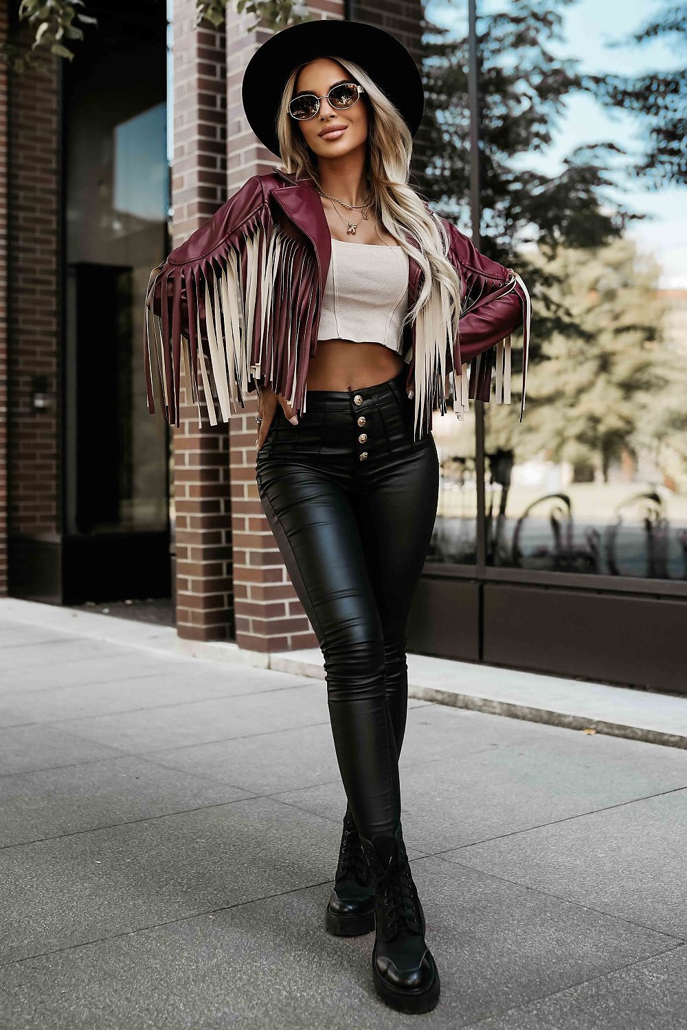 Jacke Damen Kunstleder Fransen Boho Rock-Chic