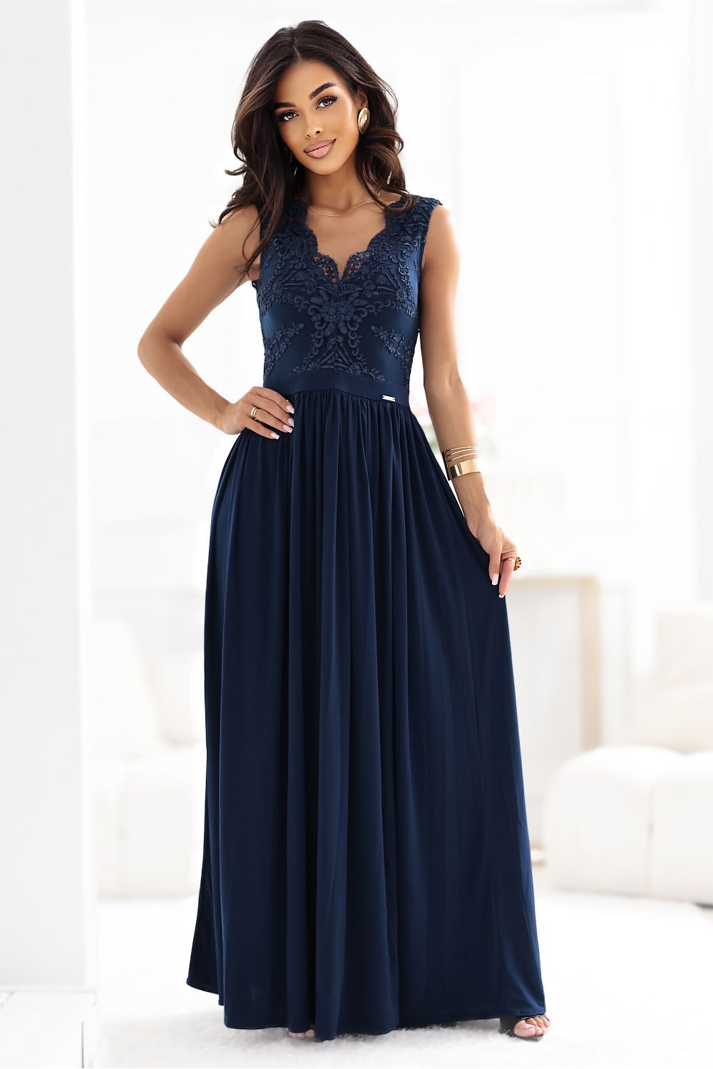 Maxikleid Damen Bestickt Dekolleté Elegant