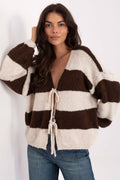 Cardigan Damen Oversize Streifen – Weiches Strickjacke mit Schnürung Universalgröße