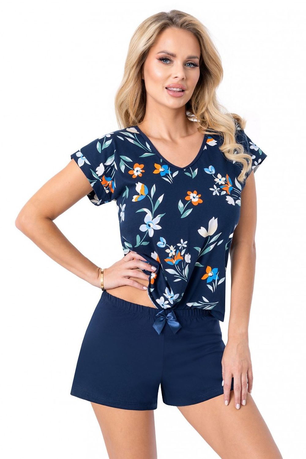 Pyjama Damen marineblau – Baumwoll T-Shirt V-Ausschnitt & Shorts