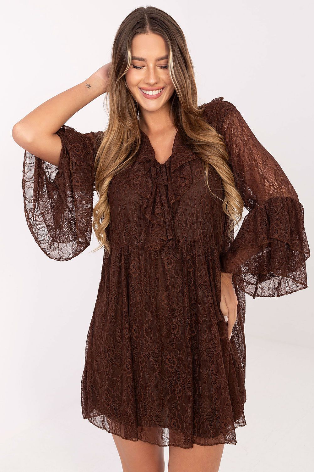 Spitzenkleid Damen ausgestellt V-Ausschnitt & Rüschen | Abendkleid