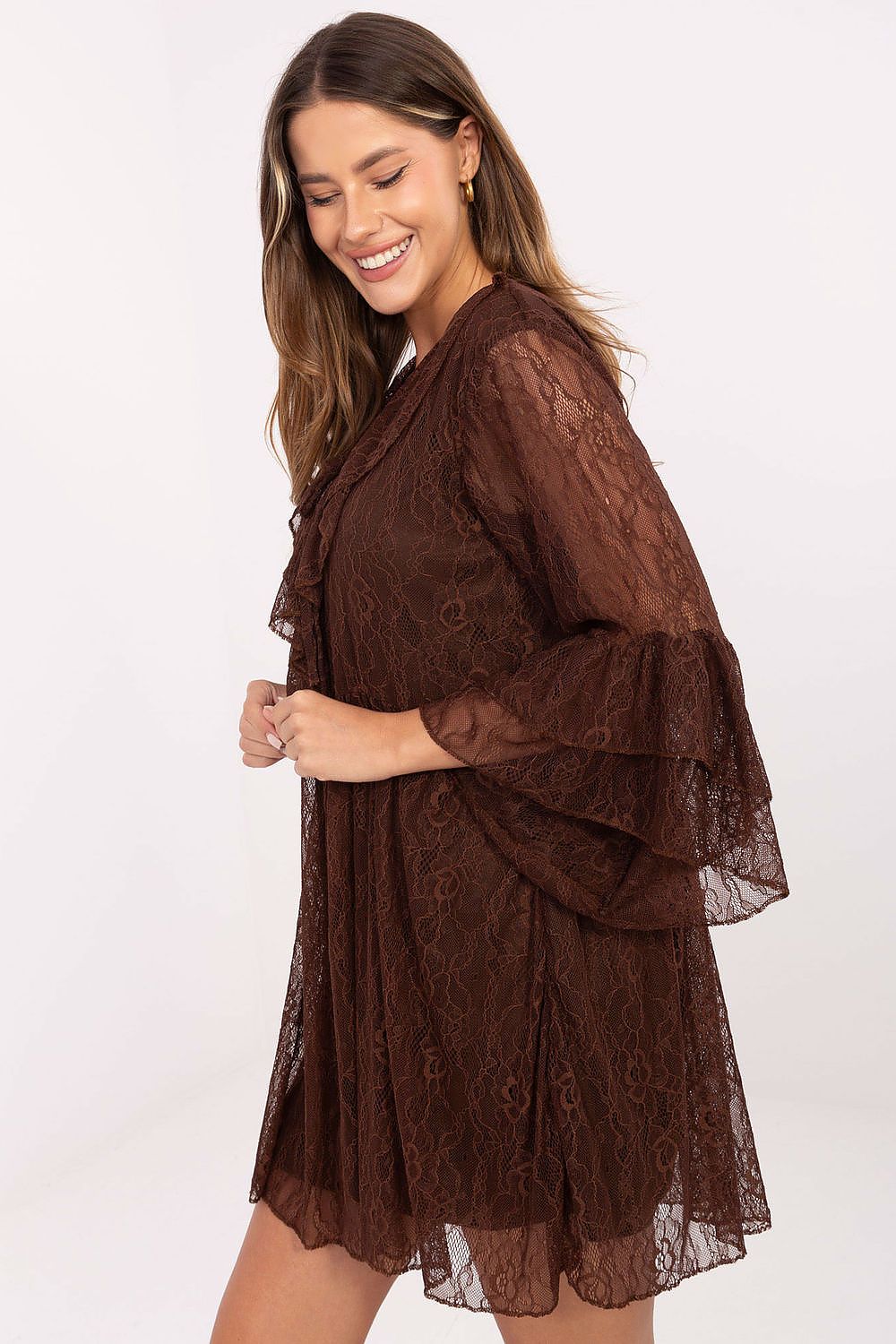 Spitzenkleid Damen ausgestellt V-Ausschnitt & Rüschen | Abendkleid