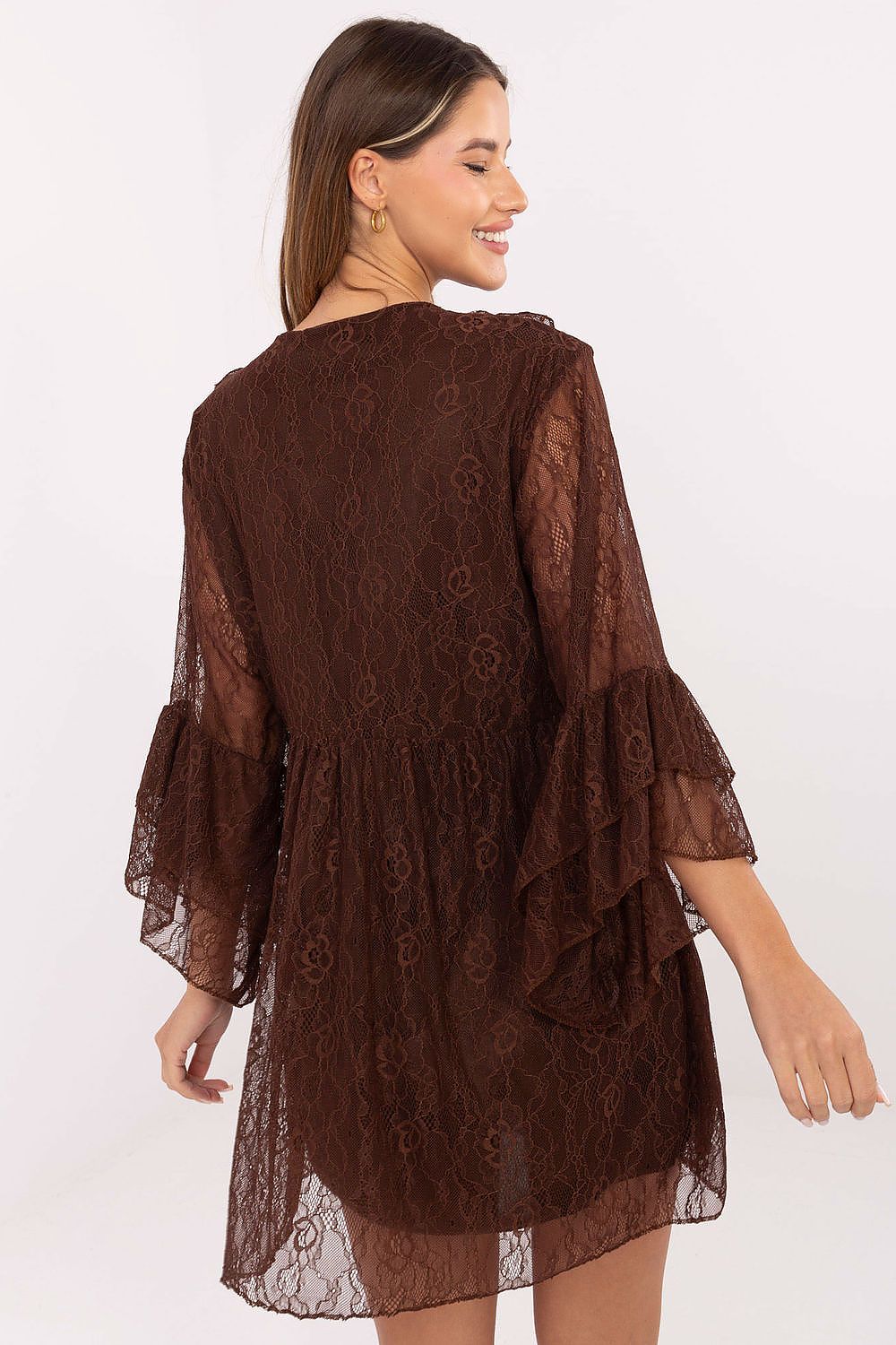 Spitzenkleid Damen ausgestellt V-Ausschnitt & Rüschen | Abendkleid