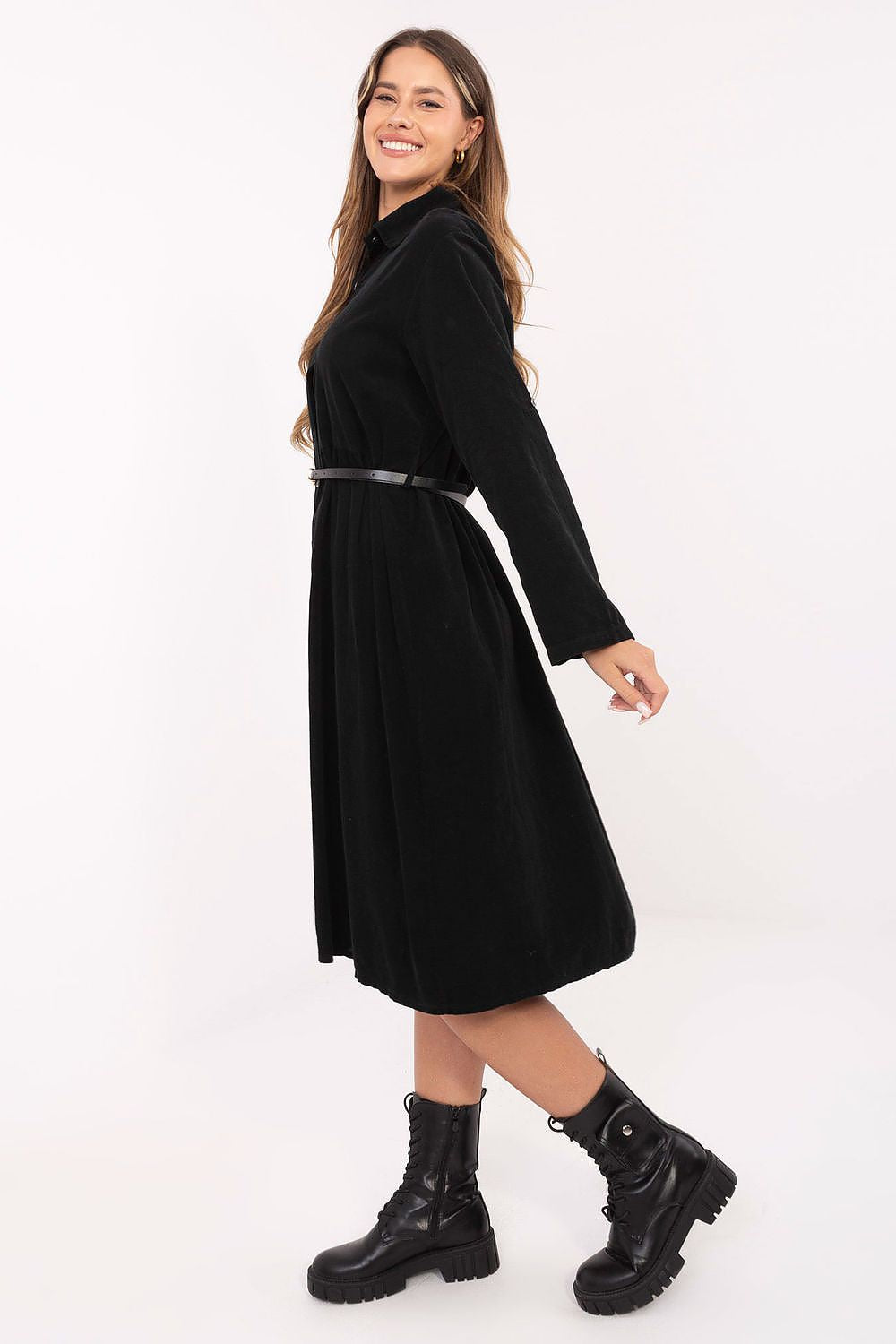 A-Linien Kleid Damen Midi 100% Baumwolle mit Gürtel & Kragen