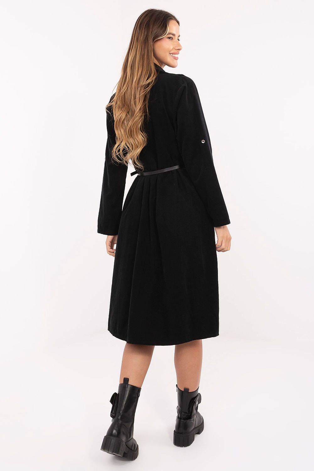 A-Linien Kleid Damen Midi 100% Baumwolle mit Gürtel & Kragen