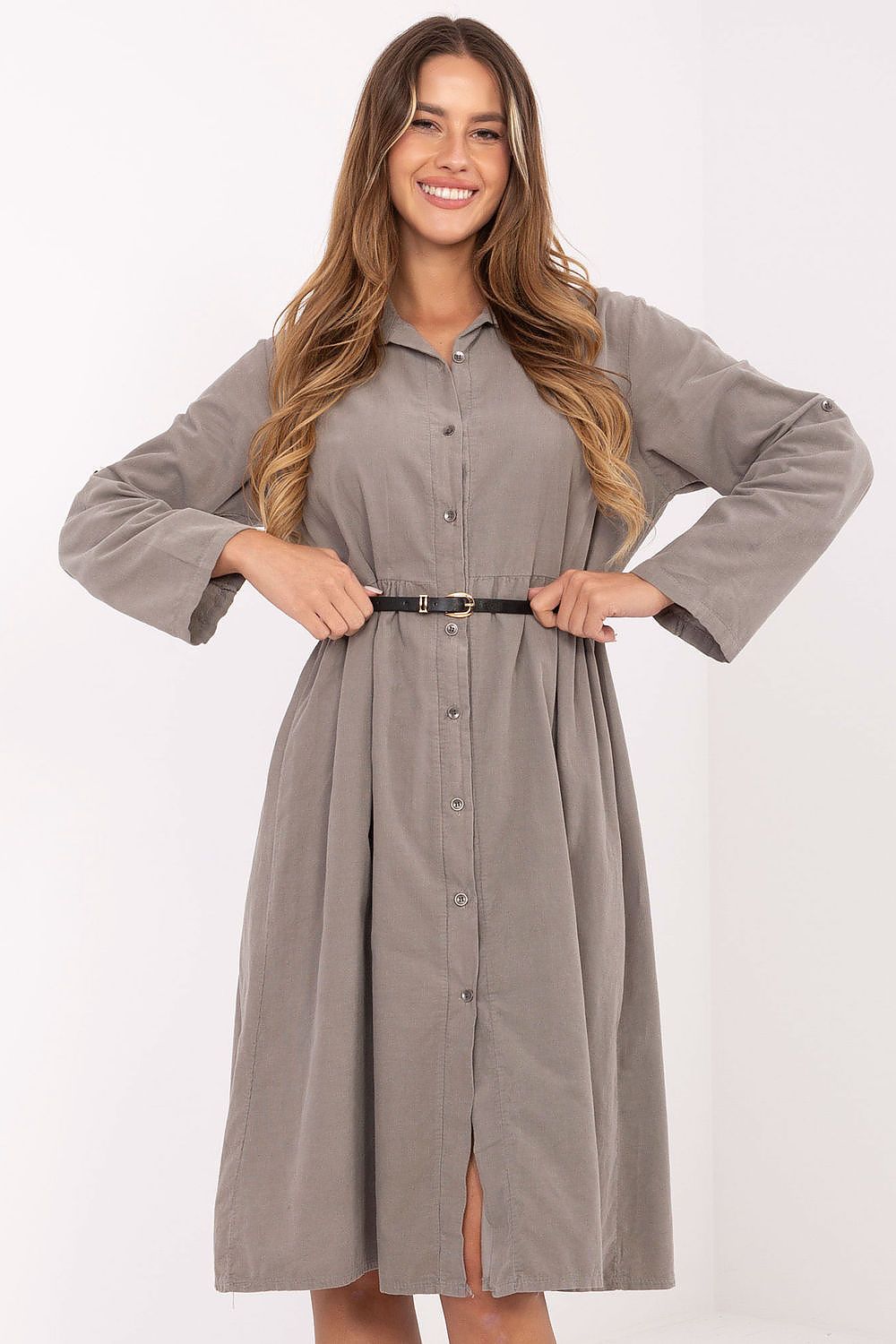 A-Linien Kleid Damen Midi 100% Baumwolle mit Gürtel & Kragen
