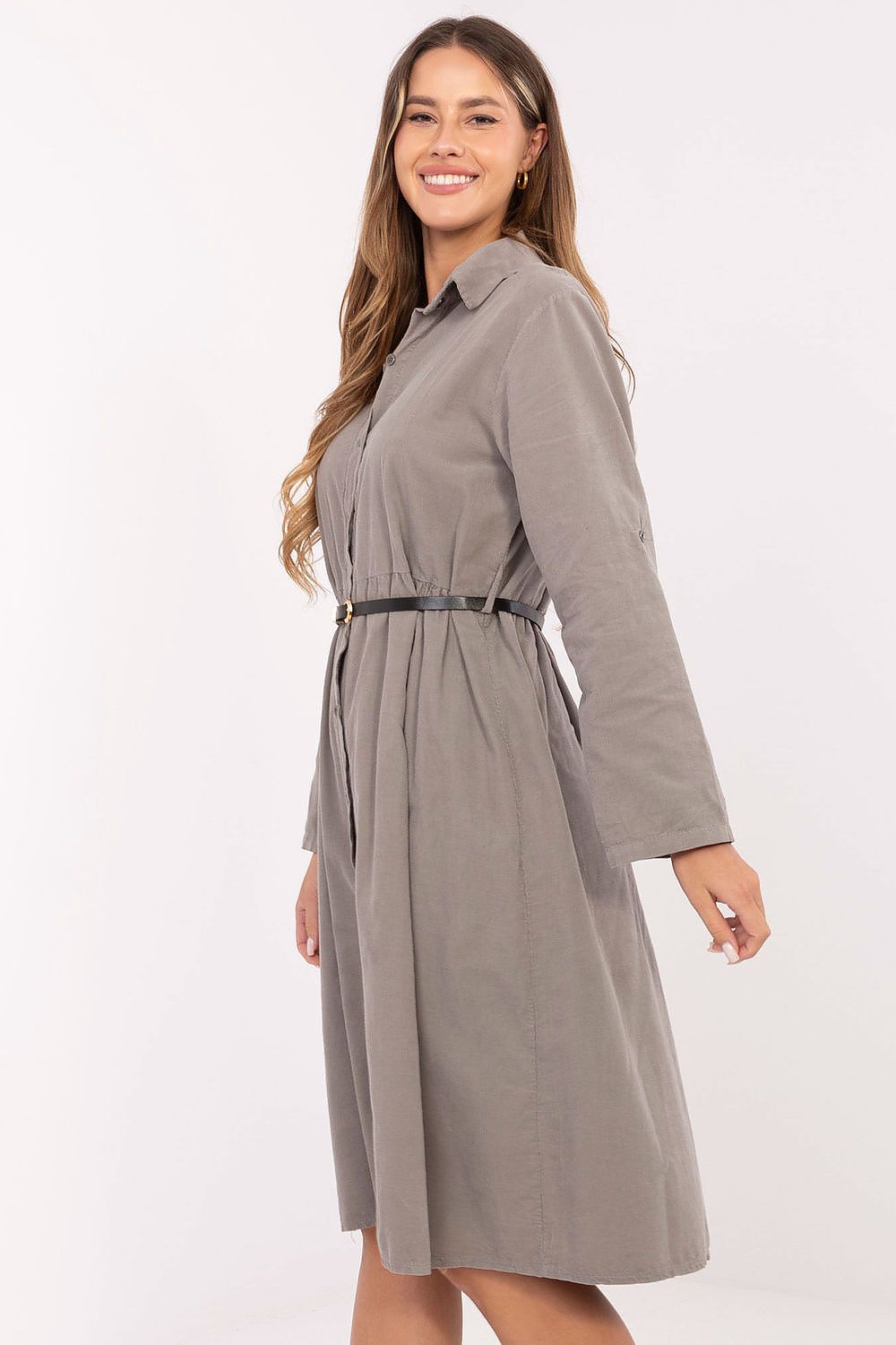 A-Linien Kleid Damen Midi 100% Baumwolle mit Gürtel & Kragen