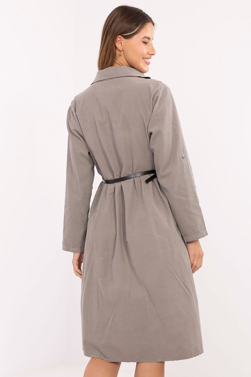 A-Linien Kleid Damen Midi 100% Baumwolle mit Gürtel & Kragen