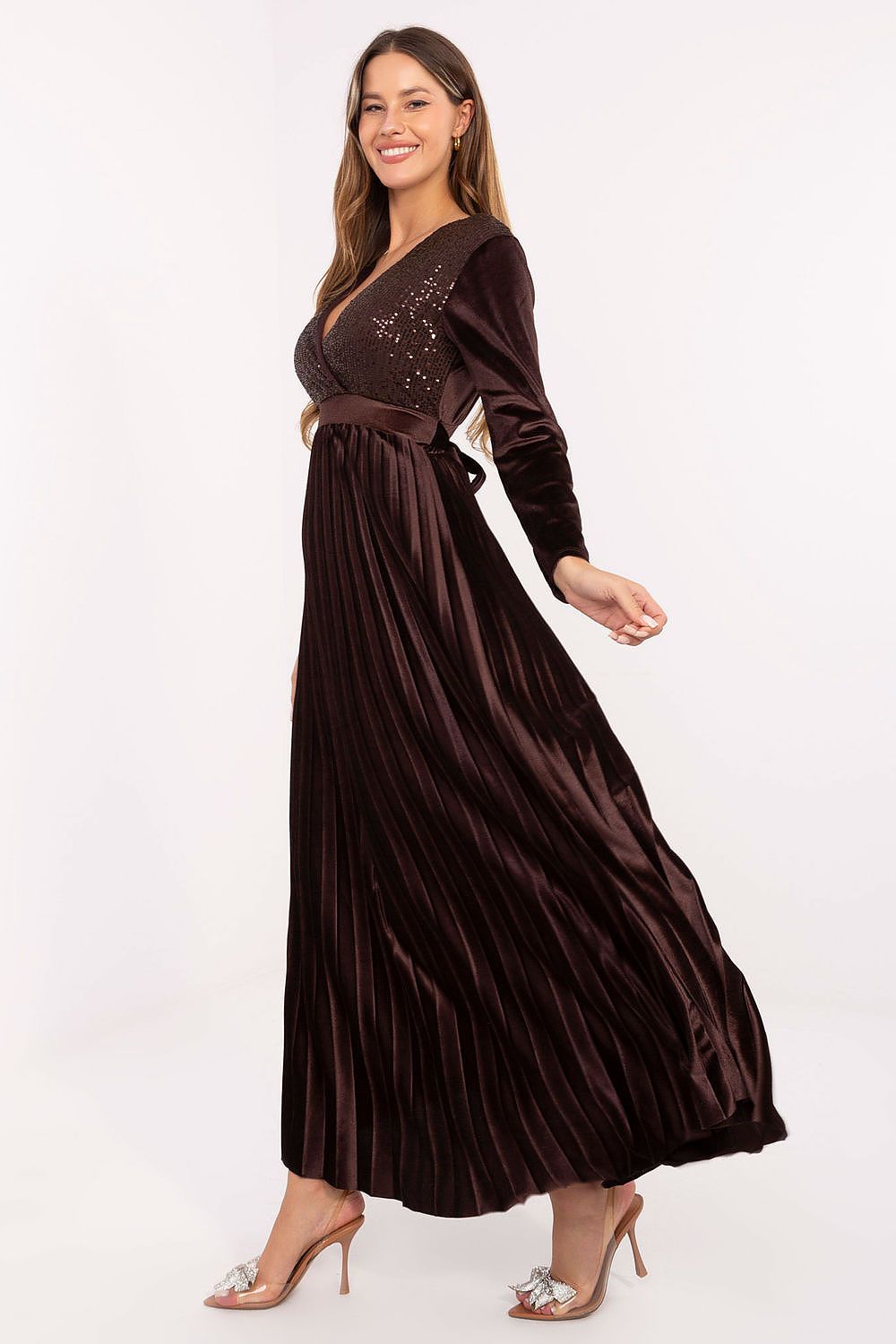 Maxikleid Damen Pailletten & Plisseerock mit Rückenschnürung | Abendkleid
