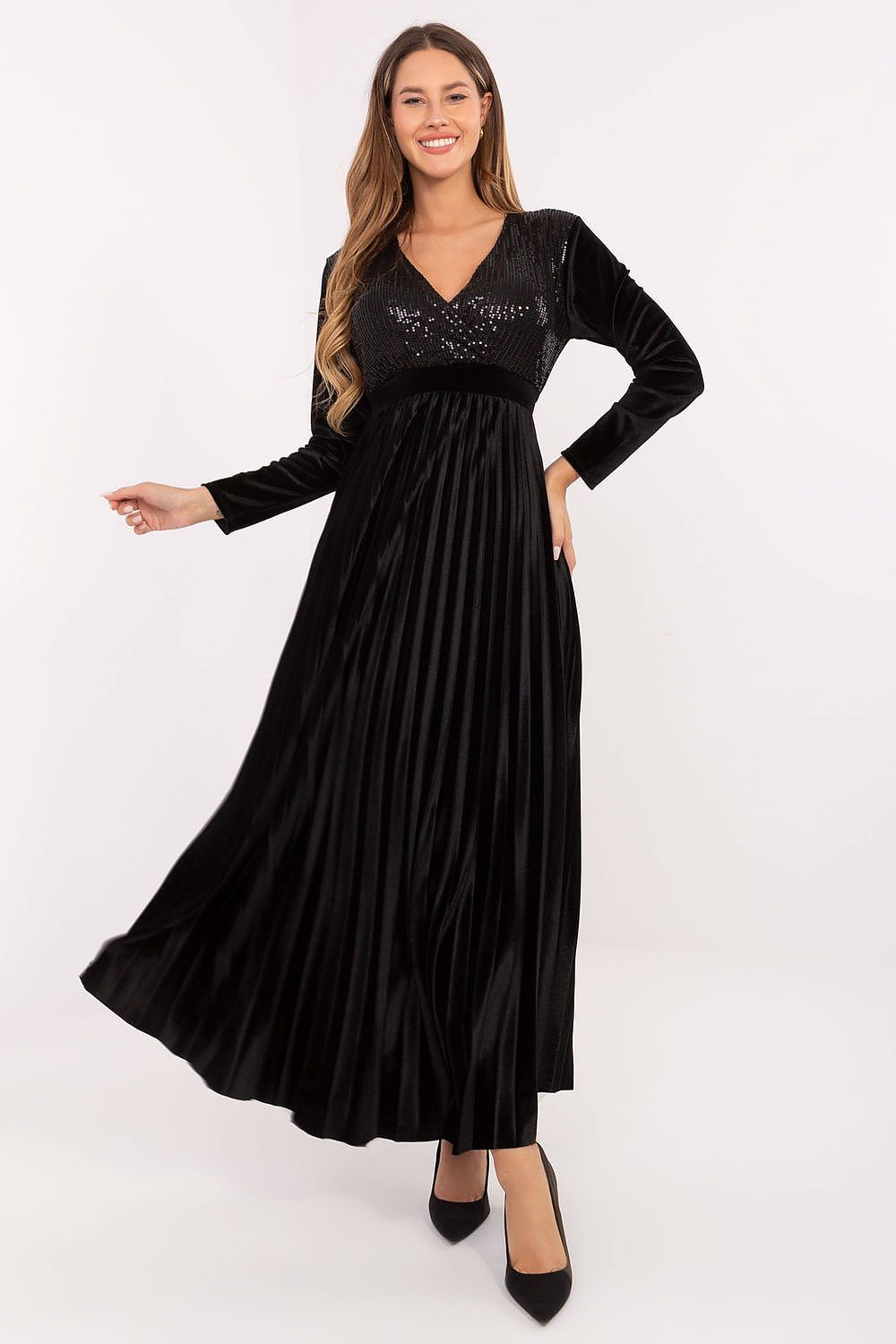 Maxikleid Damen Pailletten & Plisseerock mit Rückenschnürung | Abendkleid