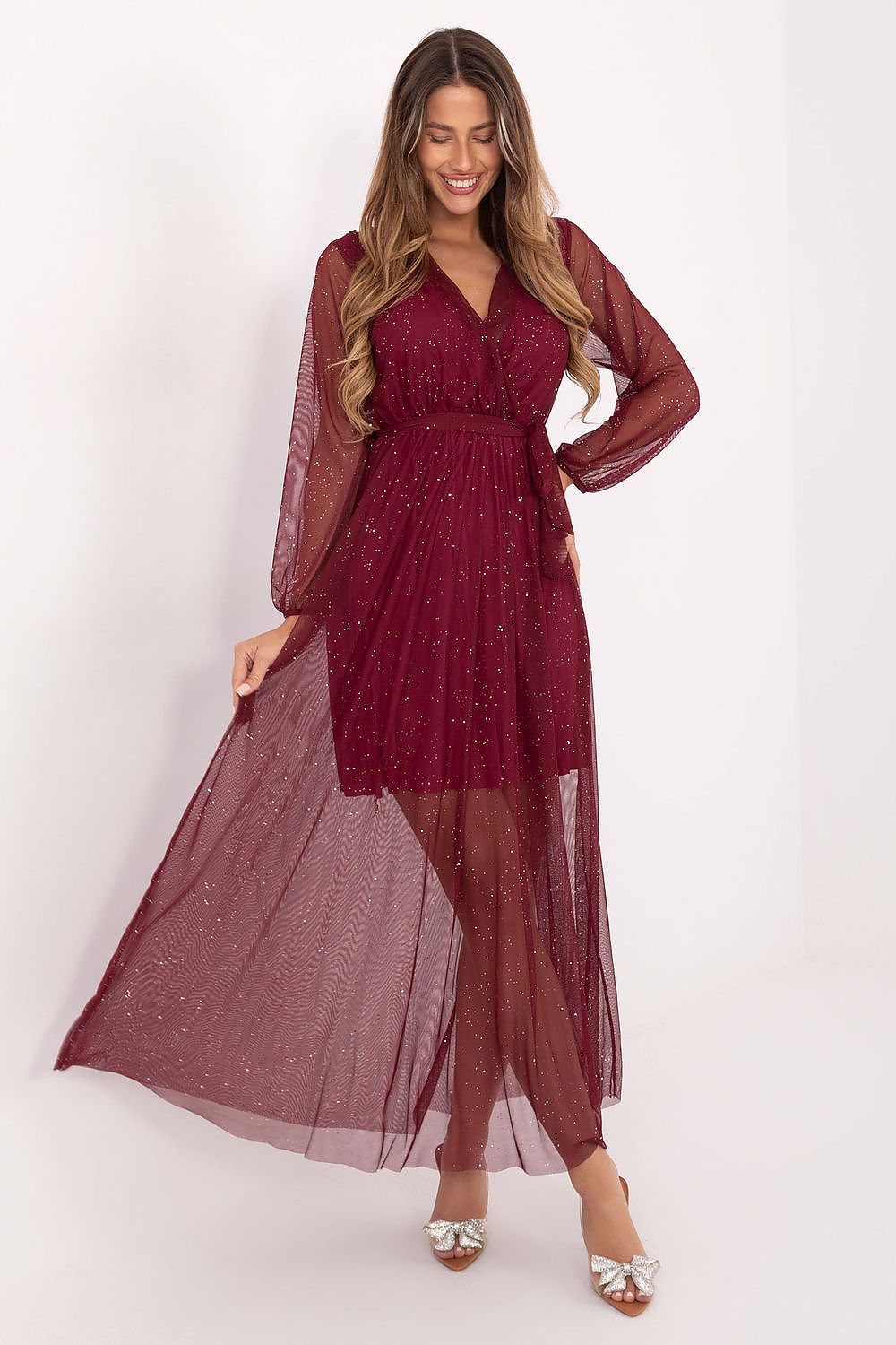 Maxi-Abendkleid Damen – Elegantes Langkleid mit Wickelausschnitt & Schimmer
