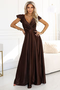 Maxikleid Damen Satin Wickelausschnitt Beinschlitz Braun