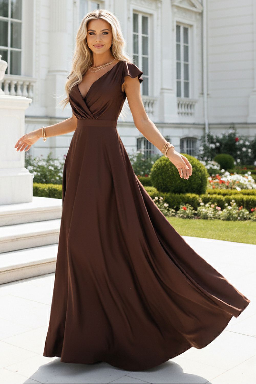Maxikleid Damen Satin Wickelausschnitt Beinschlitz Braun