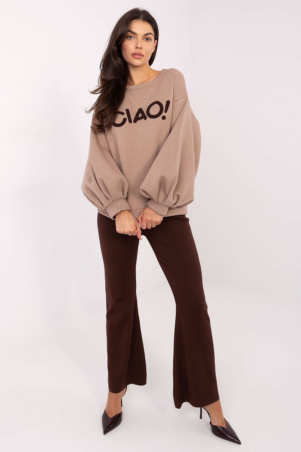 Damen Pullover Puffärmel Baumwolle Casual Rundhals