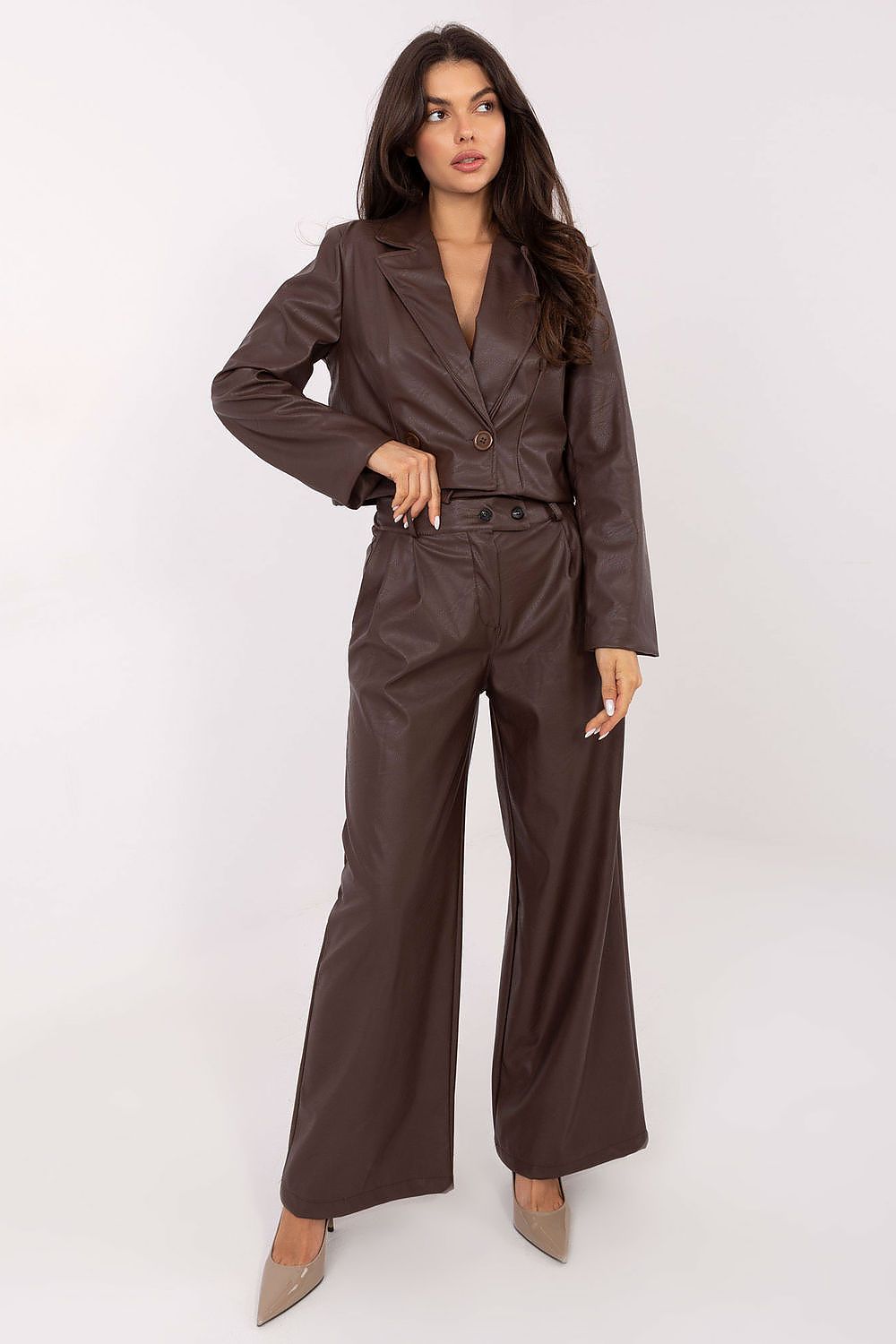 Damen Kunstleder Hose High Waist Wide Leg Elegant