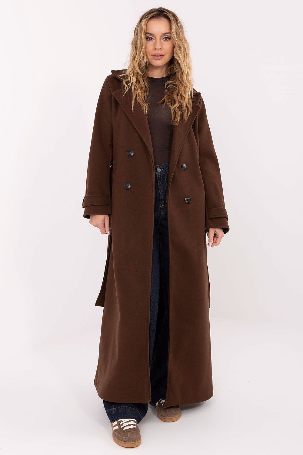 Damen Mantel Lang Elegant Zweireihig mit Gürtel