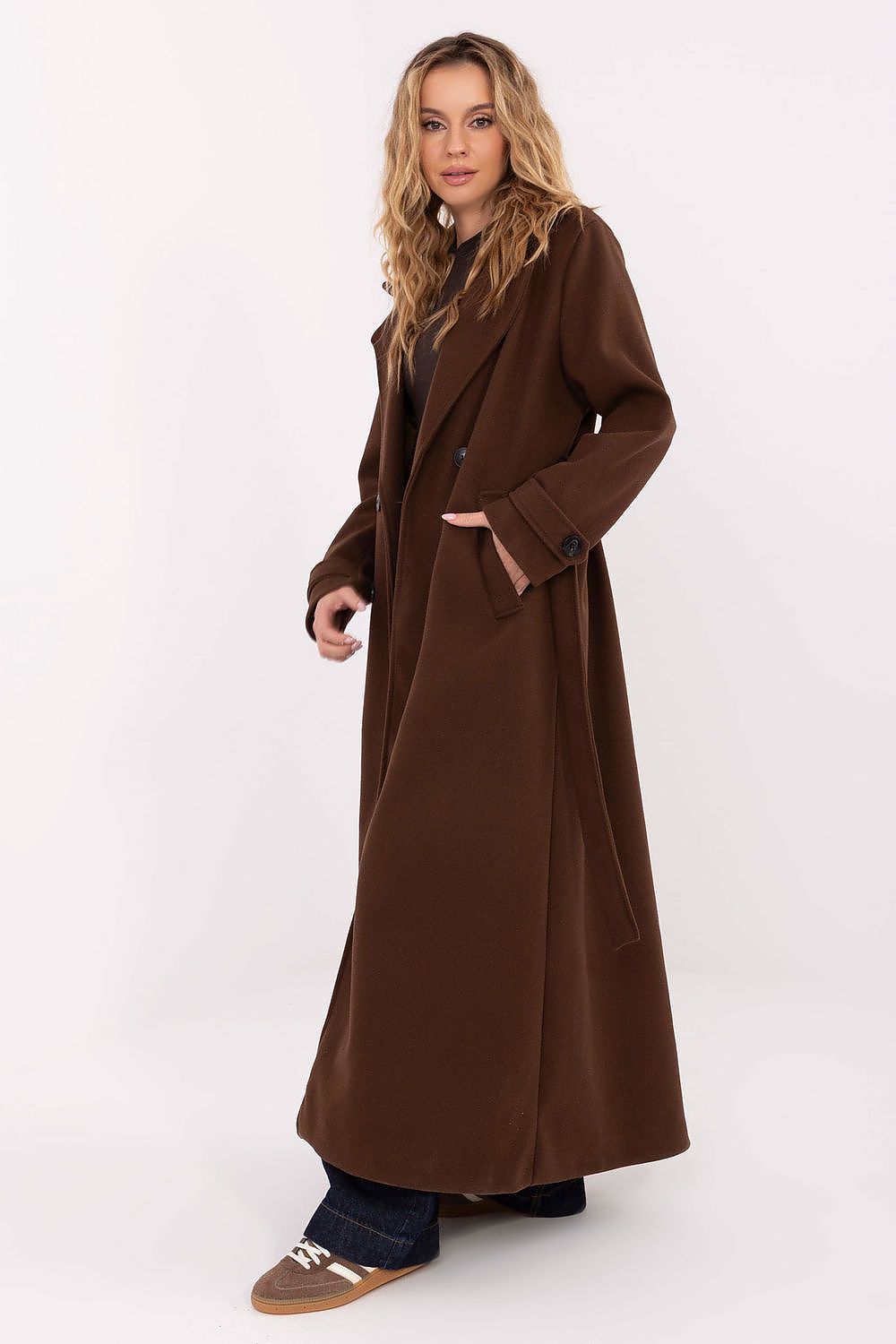Damen Mantel Lang Elegant Zweireihig mit Gürtel