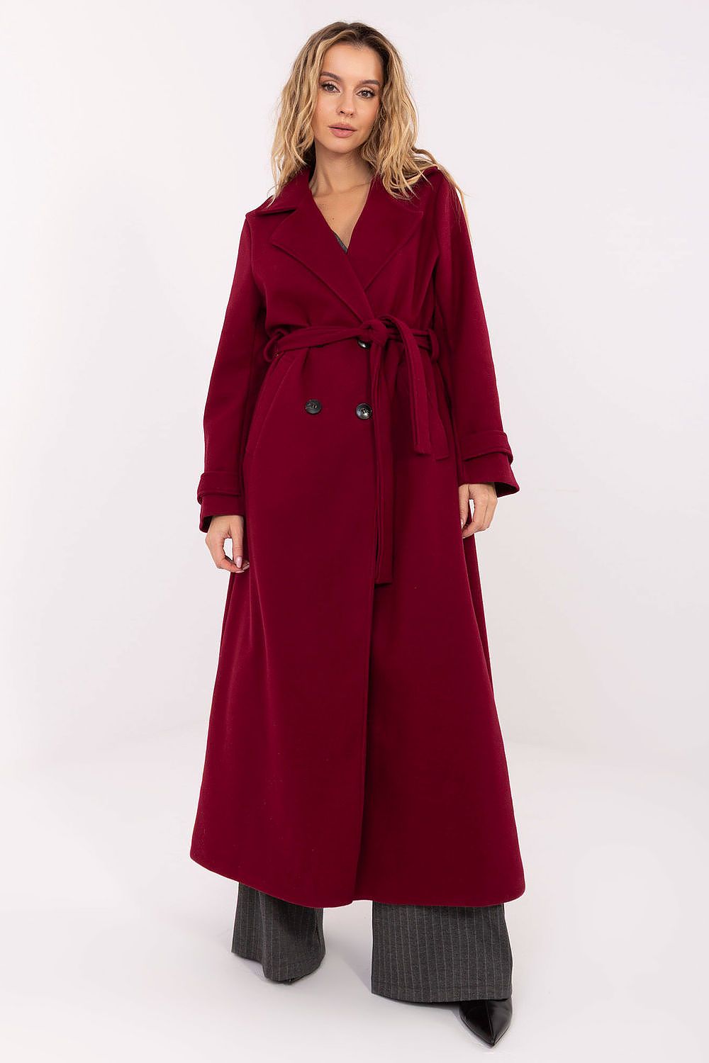 Damen Mantel Lang Elegant Zweireihig mit Gürtel