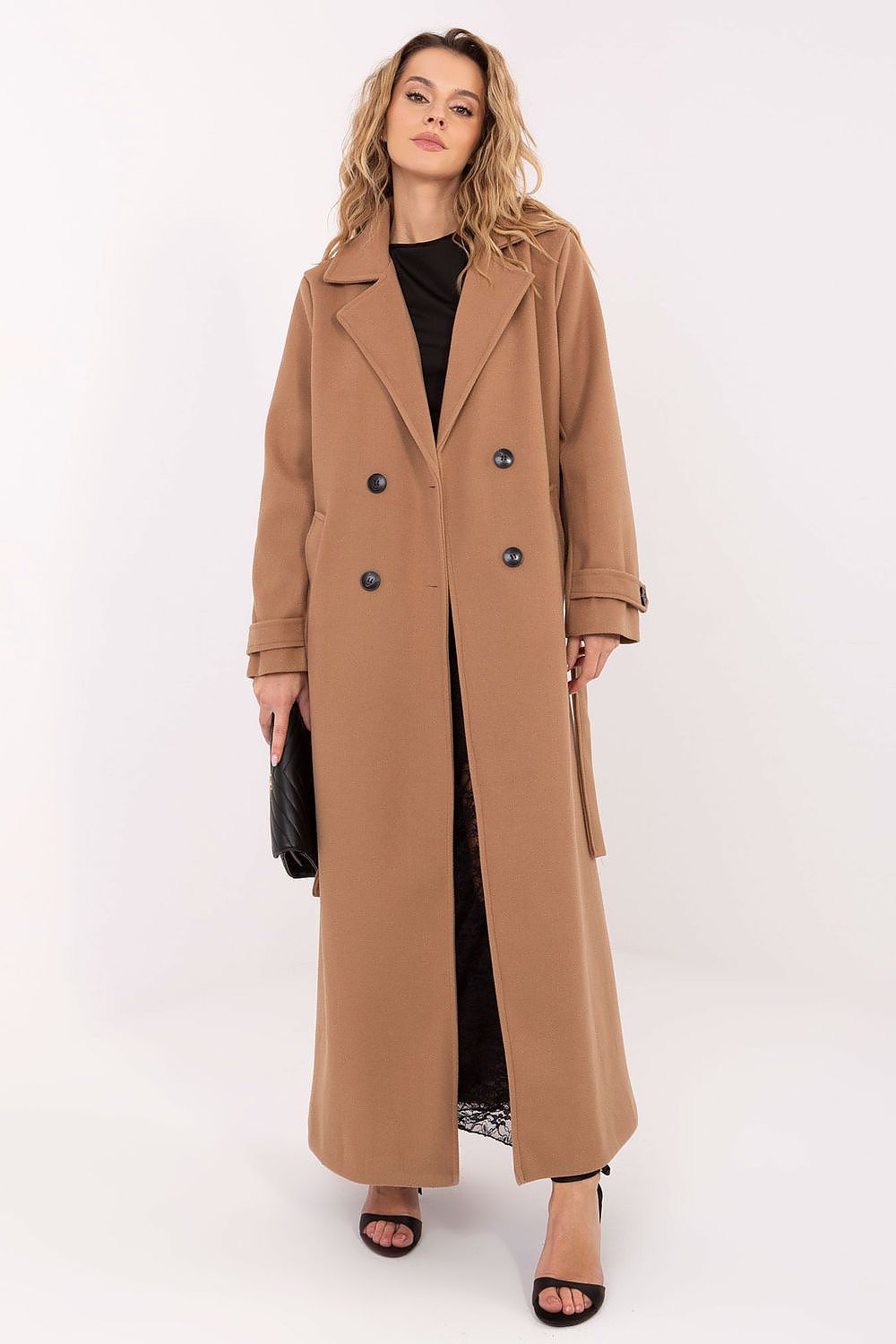 Damen Mantel Lang Elegant Zweireihig mit Gürtel