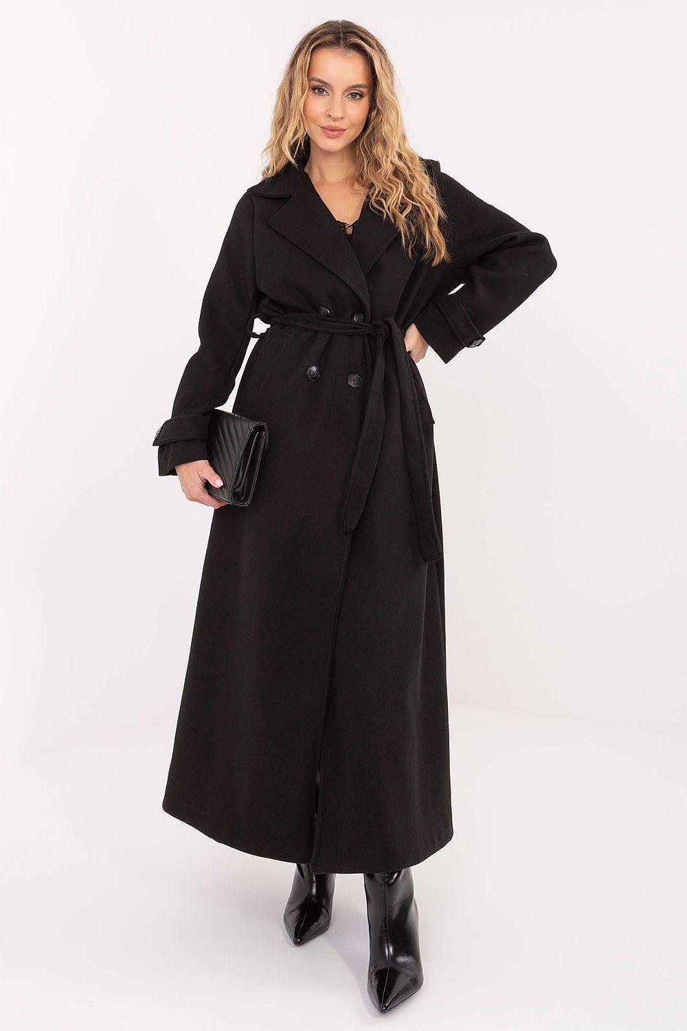 Damen Mantel Lang Elegant Zweireihig mit Gürtel
