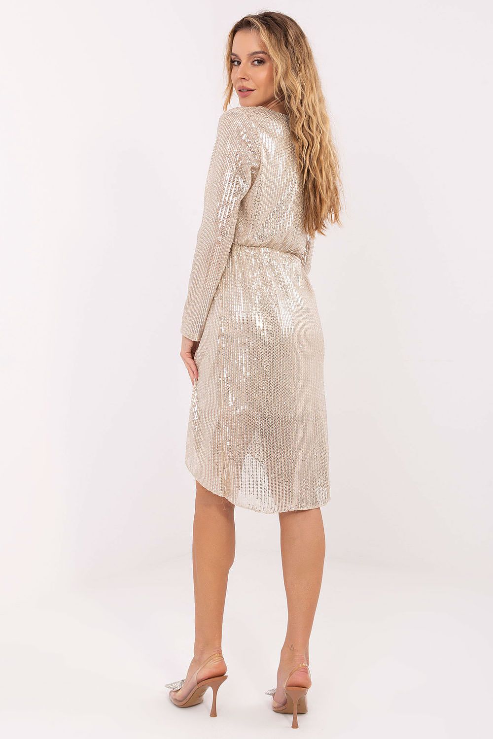Abendkleid Damen Wickelkleid Pailletten Langarm Festlich
