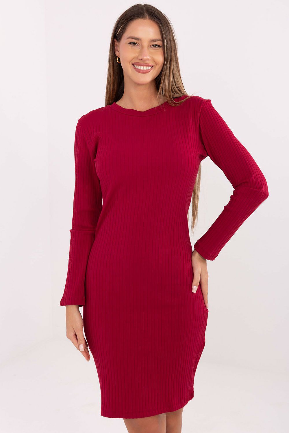 Etuikleid Damen Langarm Gerippt - Elegantes Strickkleid Knie