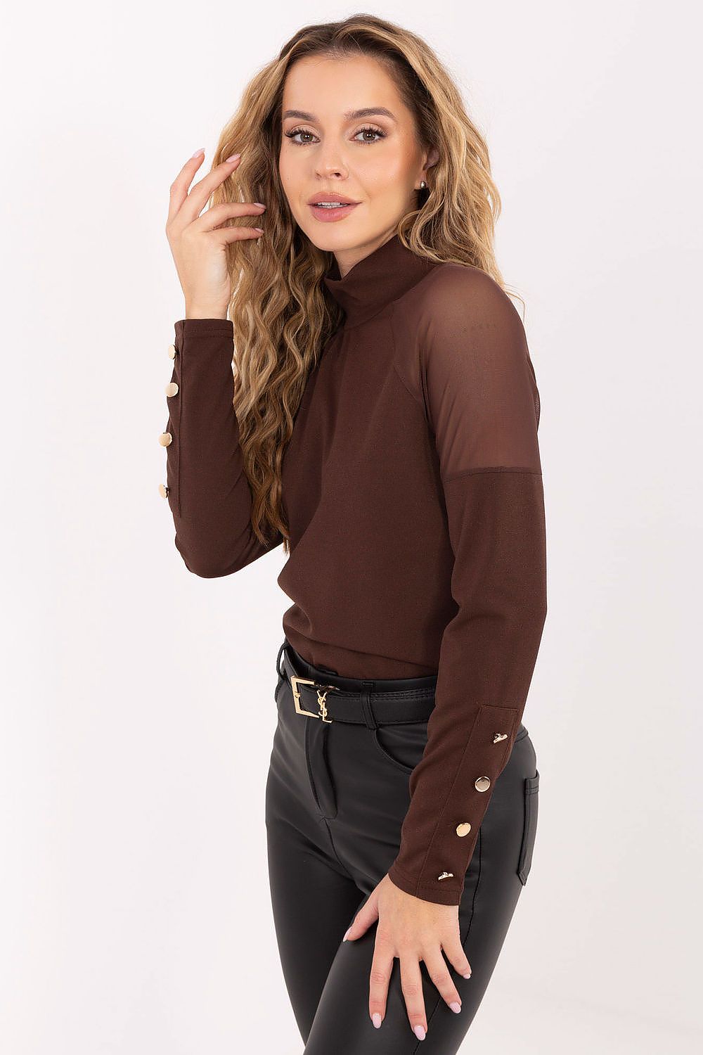 Bluse Damen Rollkragen Langarm Netzstoff Elegant