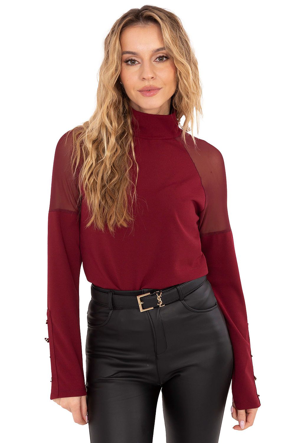Bluse Damen Rollkragen Langarm Netzstoff Elegant