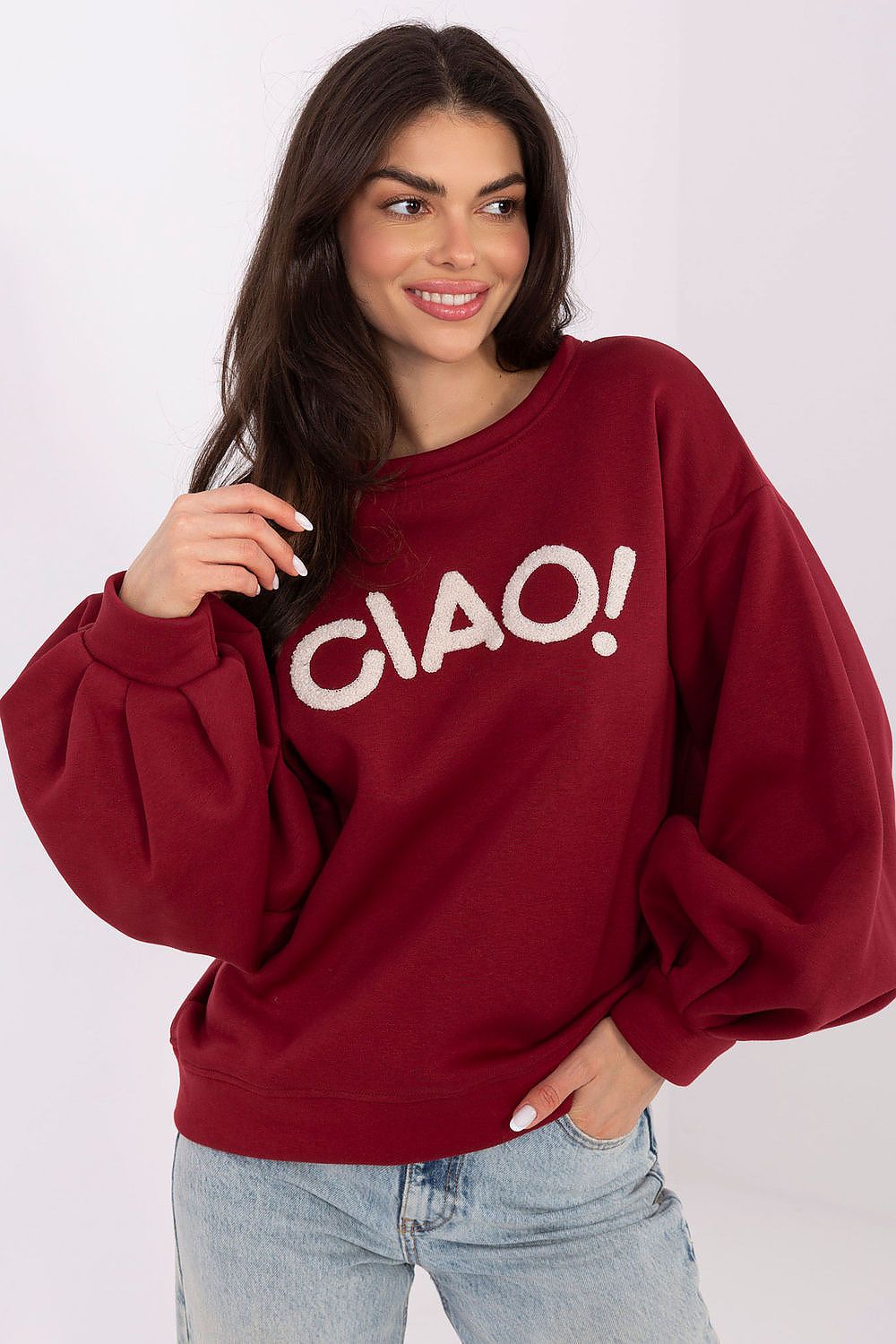 Damen Pullover Puffärmel Baumwolle Casual Rundhals