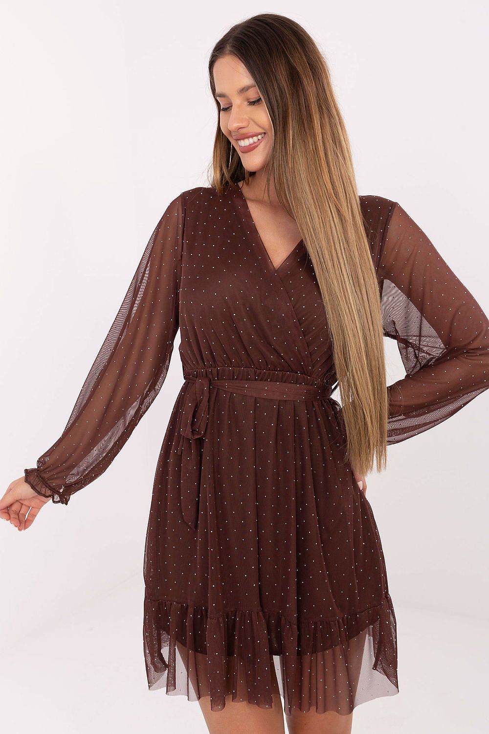 Cocktailkleid Damen Pailletten Mini Langarm Party Glitzer