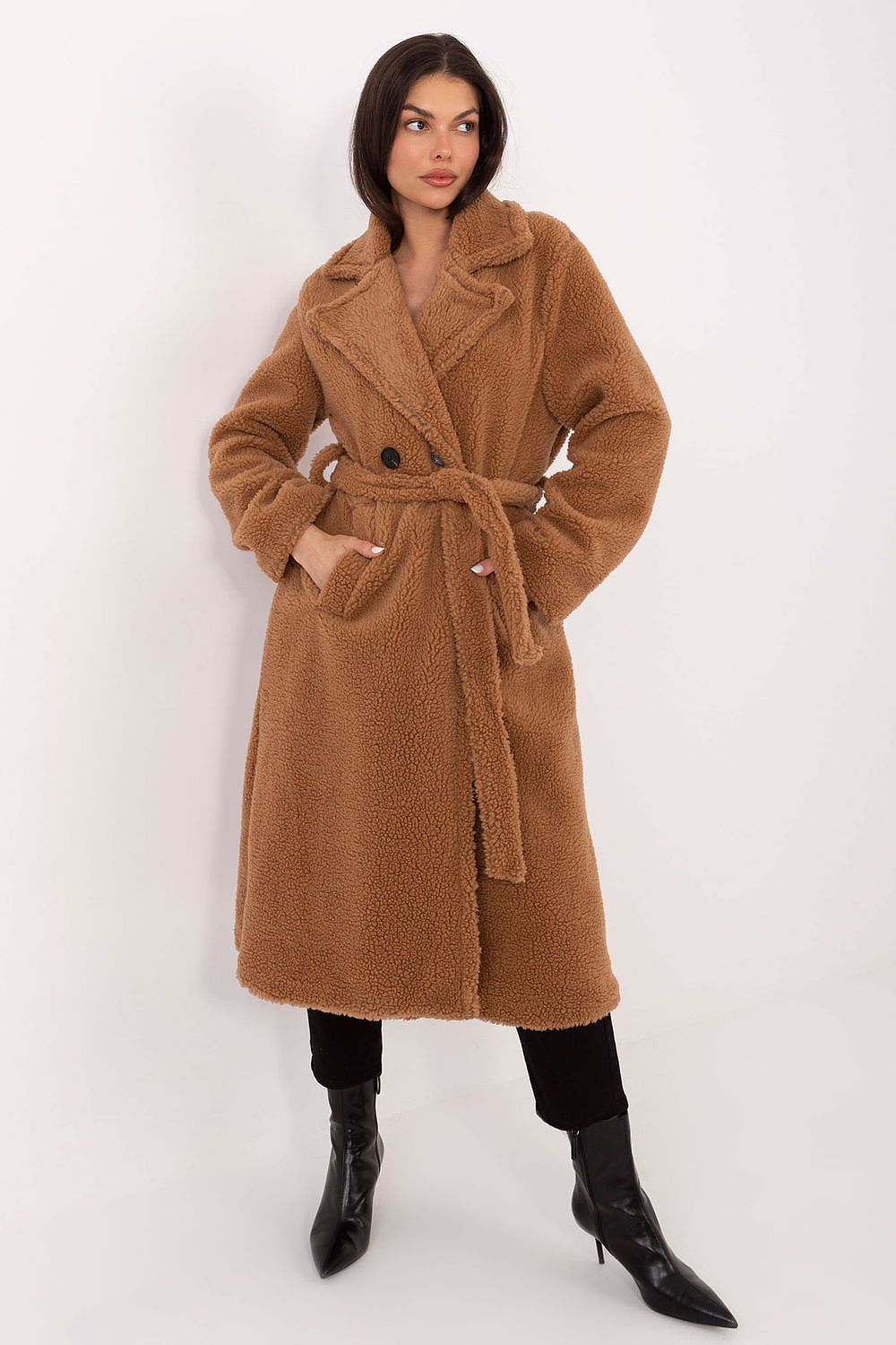 Damen Mantel Schafsleder-Optik Knielang Herbst Winter