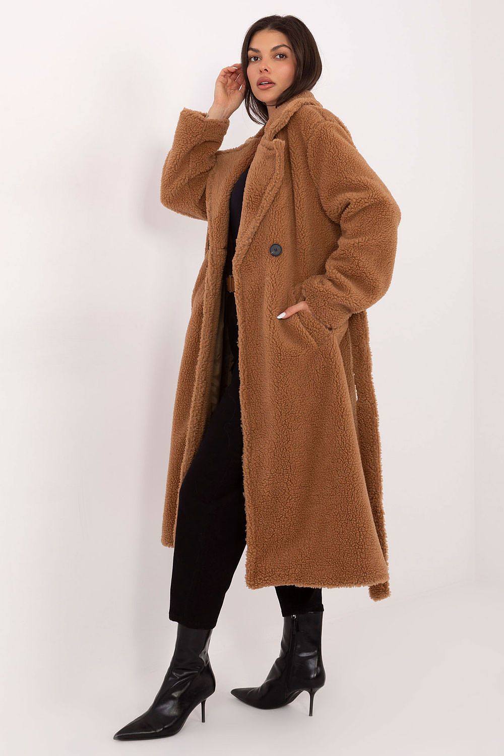 Damen Mantel Schafsleder-Optik Knielang Herbst Winter