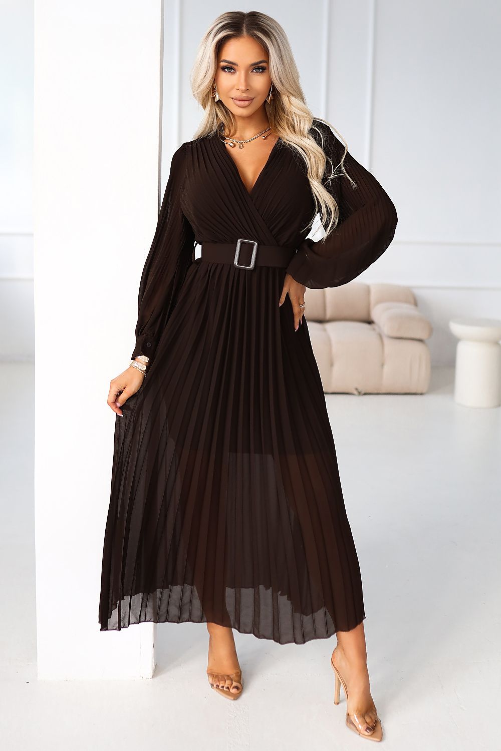 Cocktailkleid Damen Plissiert Gürtel Langarm