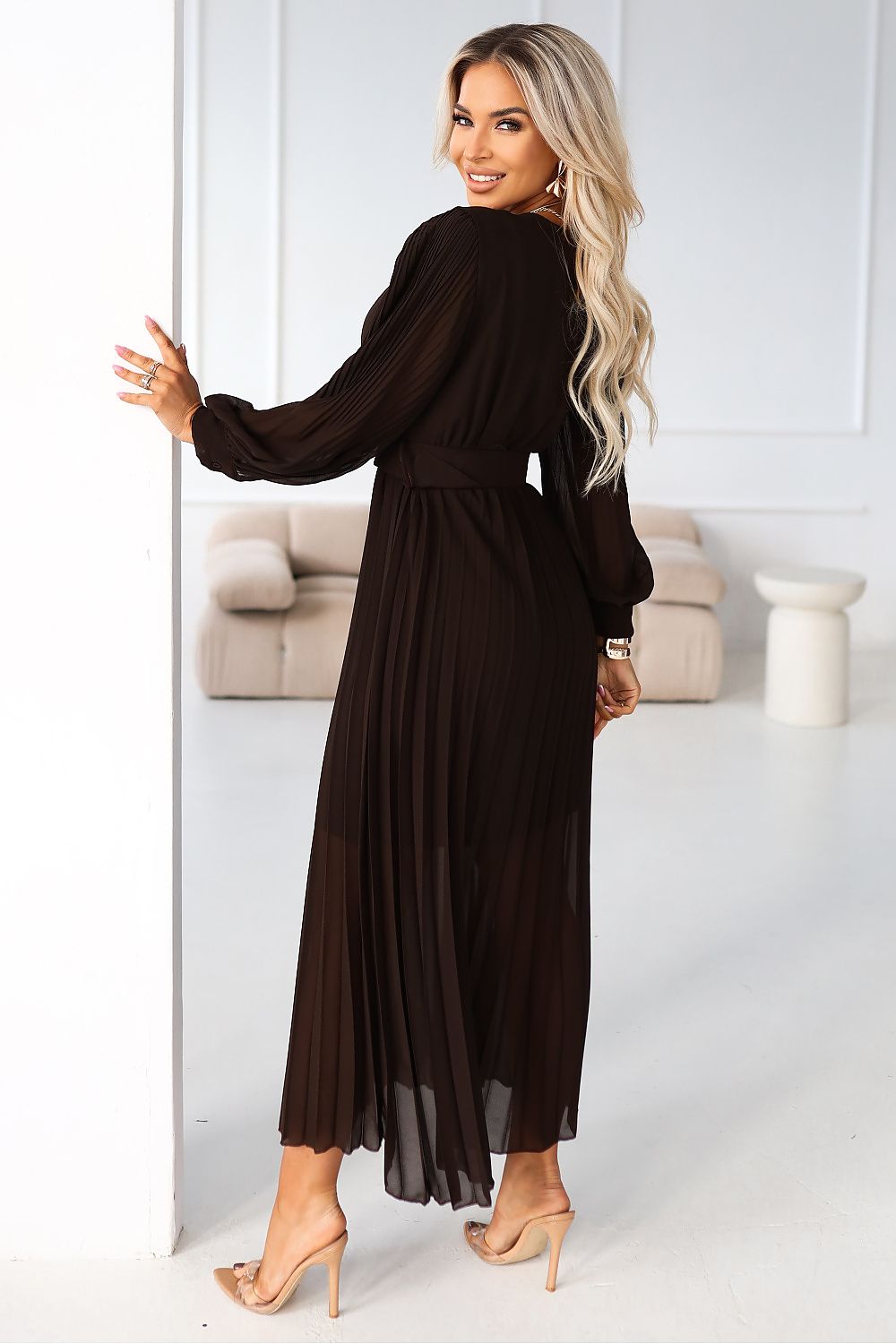 Cocktailkleid Damen Plissiert Gürtel Langarm