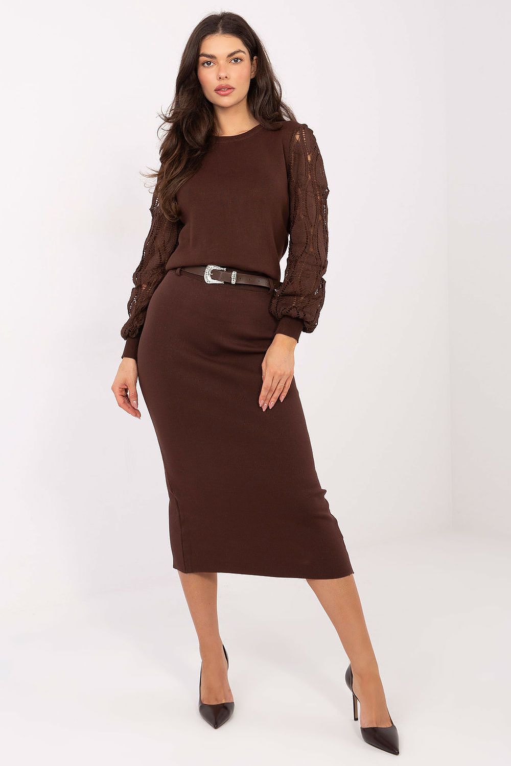 Midi Rock Damen Strick Gürtel Gummibund Viskose