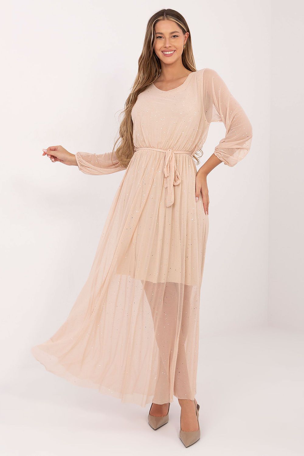 Maxikleid Damen Netzstoff mit Gürtel & Gummizug | Abendkleid