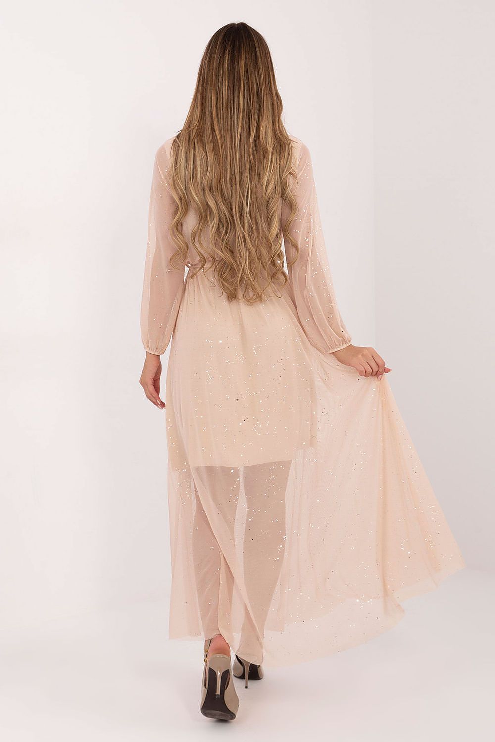 Maxikleid Damen Netzstoff mit Gürtel & Gummizug | Abendkleid
