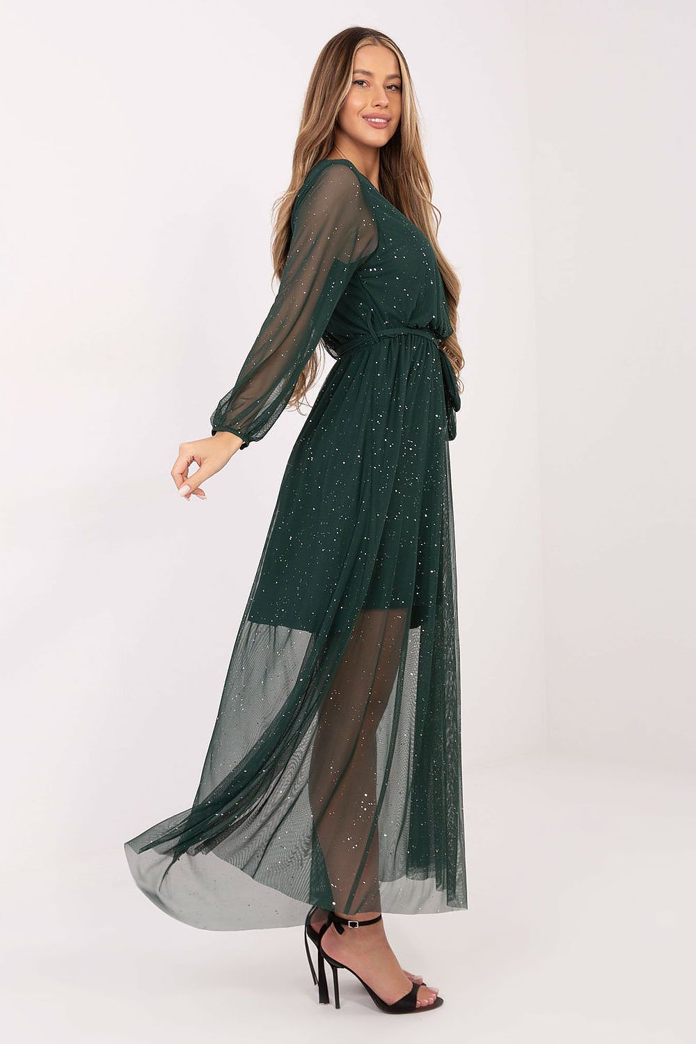 Maxikleid Damen Netzstoff mit Gürtel & Gummizug | Abendkleid